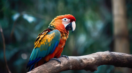 Plakat Beautiful parrot sitting on a branch in jungle with blurred background. Generative AI