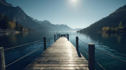 Foto op Plexiglas  a dock on a lake with mountains in the background and a sun shining on the water.  generative ai © Nadia