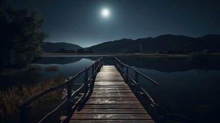  a wooden dock with a full moon in the sky above it.  generative ai