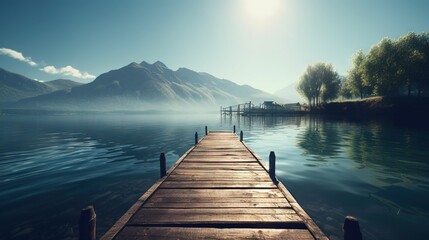  a dock on a lake with mountains in the background and a sun shining.  generative ai
