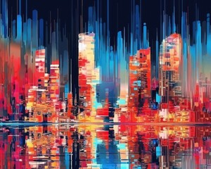Digital glitch art depicts an abstract, colorful city background. (Generative AI)
