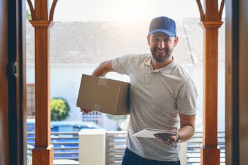 Happy delivery man, box and portrait in logistics, parcel or courier service with tablet at front...