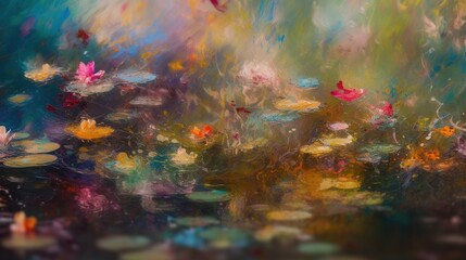 Obraz na płótnie Canvas a painting of water lilies and other flowers in a pond. generative ai