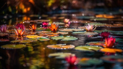  a group of water lilies floating on top of a pond.  generative ai