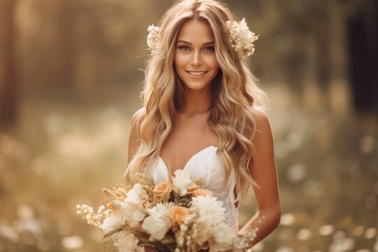 Portrait a beautiful bride with flower bouquet ai generate