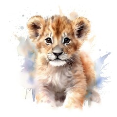 Cute Baby Lion Watercolor. Generative AI