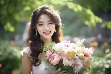 Naklejka premium Portrait a beautiful bride with flower bouquet ai generate