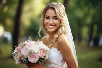 Naklejka premium Portrait a beautiful bride with flower bouquet ai generate