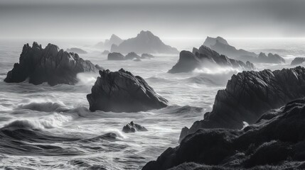  a black and white photo of rocks in the ocean with waves.  generative ai