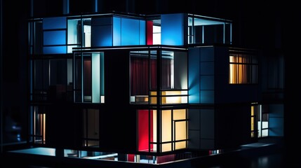  a multicolored building lit up at night with a dark background.  generative ai
