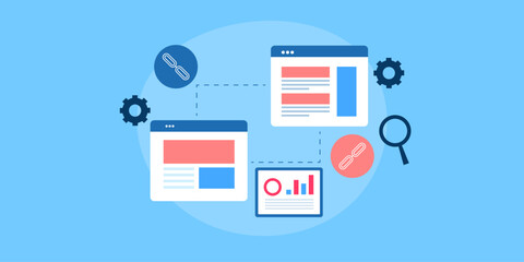 Strategic link building connection between websites guest post content partnership SEO marketing analytics improve search engine ranking, vector illustration.