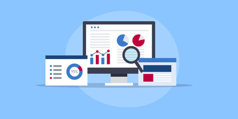 Web analytics data metrics on screen, SEO report, social media insights, financial data and business analytics ai software with chart and graph, vector illustration web banner.