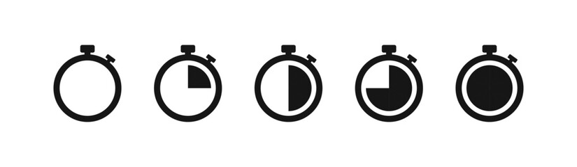 Set of timer. Stopwatch icons set. Countdown 0,15, 30, 45, 60 minutes. Timer symbol. Outline stopwatch icon. Alarm pictogram.
Vector, Trasnparent background