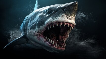 Obraz premium Massive megalodon shark swims in the depths of the underwater world. Generative AI