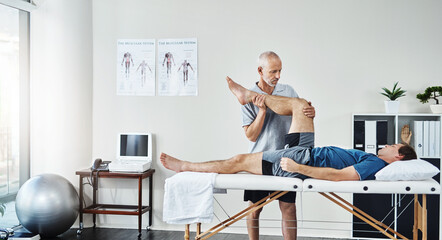 Support, physiotherapist or patient with leg injury, recovery or healthcare for wellness. Male...