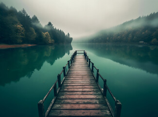 Wooden pier, forest, fog, turquoise lake. Generative AI
