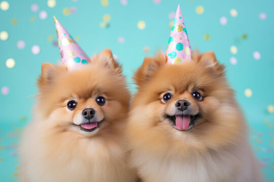 Two Pomeranian dogs with party hats on blue background with confetti. Generative AI illustration