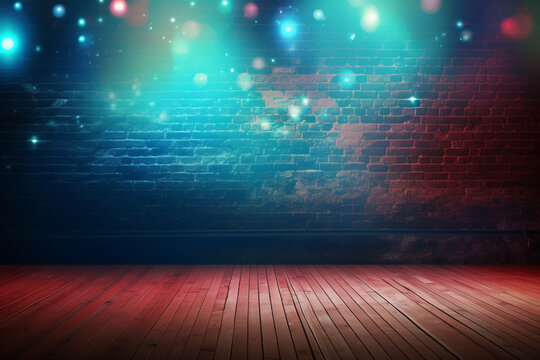 A stage with a brick wall and a blue and red light 
