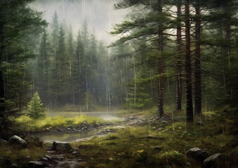 Fototapeta premium misty and rainy morning in the forest