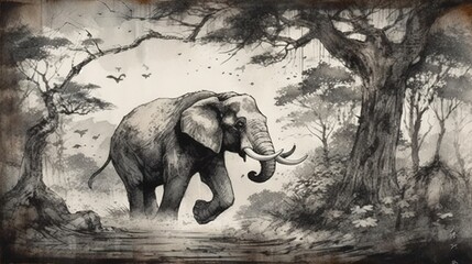  a drawing of an elephant walking through a forest with trees.  generative ai