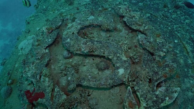 Close up of ship pipe with coat of arms ferry Salem Express shipwreck, Slow motion, Camera moves backwards 