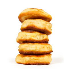 A stack of pancakes on a white background. Homemade pancakes. Close-up baking.
