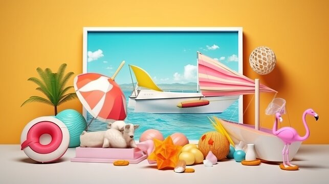  a picture of a beach scene with flamingos, a boat, and a flamingo.  generative ai