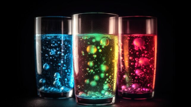  three glasses filled with colored liquid sitting on a table next to each other.  generative ai