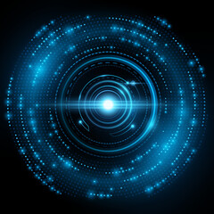 Digital HUD circle with blue glowing particles. Big data visualization into cyberspace. Neural network concept for your design. Vector Illustration.