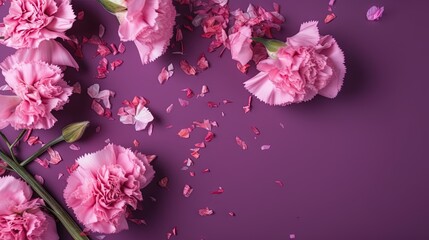 pink carnations on a purple background with petals scattered around.  generative ai