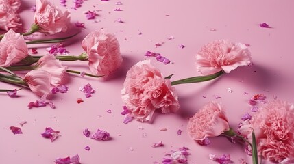  pink carnations and petals scattered on a pink background.  generative ai