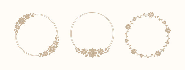 Set of elegant round floral frame and borders. Boho line wedding flowers, leaves for invitation save the date card. Botanical aesthetic rustic trendy greenery design vector illustration.
