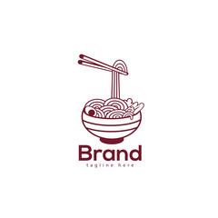 Noodle Pho Food Logo Template, And Icon Design Template Elements With Spoon And Chopstick Vector Color Emblem. Noodle Plate With Spoon, And Fried Eggs In The White Background.