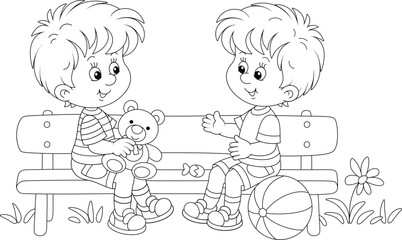 Happy little kids with their funny toys sitting on a small bench and merrily chatting on a warm summer day in a park, black and white vector cartoon illustration for a coloring book