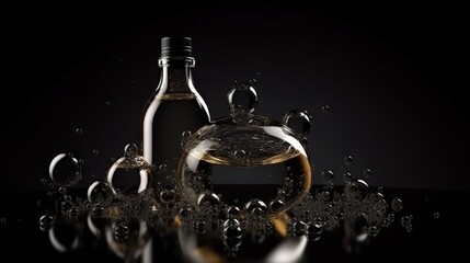 a bottle of oil and a bottle of water on a black background.  generative ai