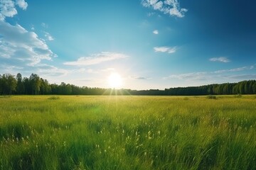 Beautiful panoramic natural landscape of a green field with grass against a blue sky with sun. Spring summer blurred background