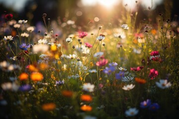 Fototapeta na wymiar Colorful flower meadow with sunbeams and bokeh lights in summer