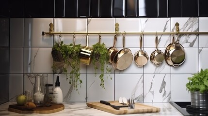  pots and pans are hanging on a rack in a kitchen.  generative ai