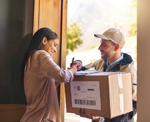 Sign, woman and courier with a package, delivery or box with service, professional or retail. Female person, customer or employee with a parcel, writing or supply chain with distribution or signature