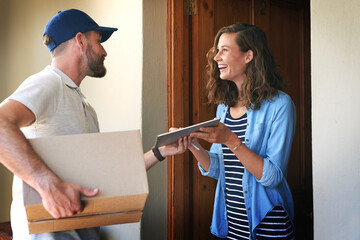 Happy woman, delivery man and box with tablet at door for order, parcel or cargo in transport...