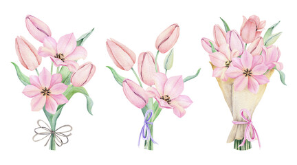 Set of bouquets with pink tulip flowers. Spring florar bouquet with bow. Hand drawn watercolor illustration for easter design, announcements, greeting cards, posters, weddings