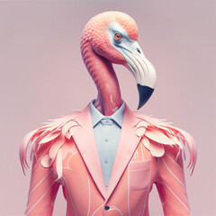Flamingo in Pink suit. Studio Shot of a Flamingo in fashion Business clothes, Mixing Professional and Animal portrait concept. Generative ai technology