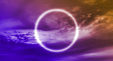 紫・ピンク・オレンジのグラデーション　雲の背景　ネオン管風の円の枠のグロー　背景・壁紙・カラフル・サイバーパンク・チル