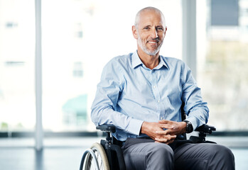Happy, wheelchair and portrait of a man with a disability at a hospital for rehabilitation....
