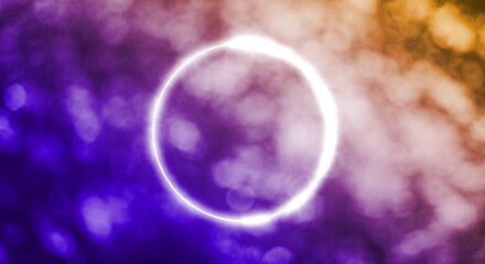 紫・ピンク・オレンジのグラデーション　キラキラの海背景　ネオン管風の円の枠のグロー　背景・壁紙・カラフル・サイバーパンク・チル