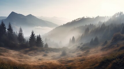  a foggy mountain landscape with pine trees in the foreground.  generative ai