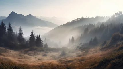 Zelfklevend Fotobehang  a foggy mountain landscape with pine trees in the foreground.  generative ai © Nadia