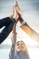 Business people, group high five and together for motivation, support or happiness for goals in...