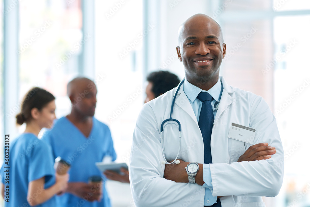 Canvas Prints Man, leader and portrait of doctor in hospital, healthcare or clinic with medical expert nurses to trust in quality care. Black person, medicine and happy neurosurgeon, arms crossed or confidence