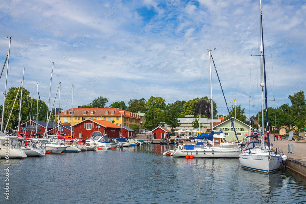 Sticker Harbor with boats in the Swedish city of Hjo